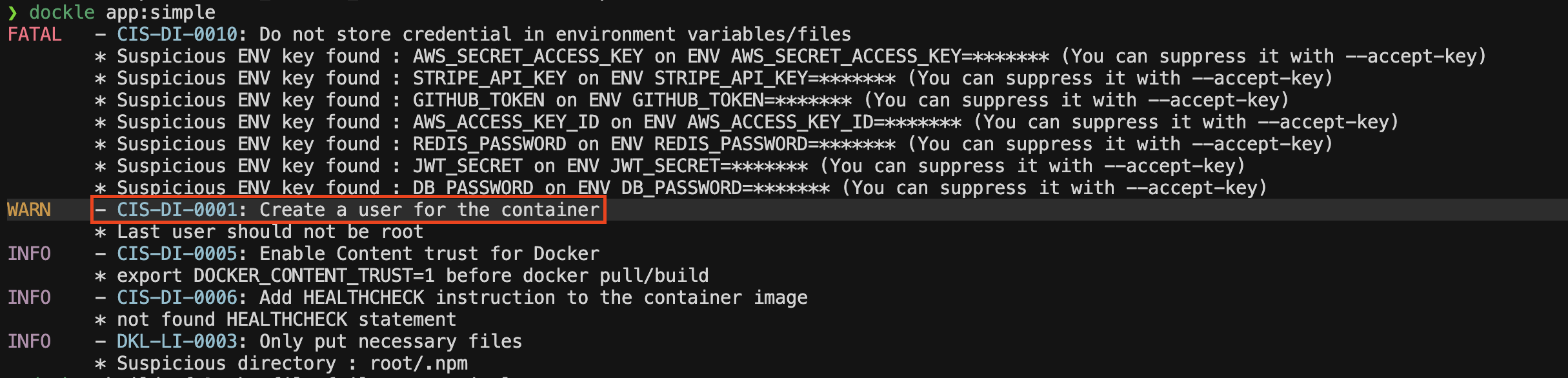 Resultado do Dockle indicando execução como root