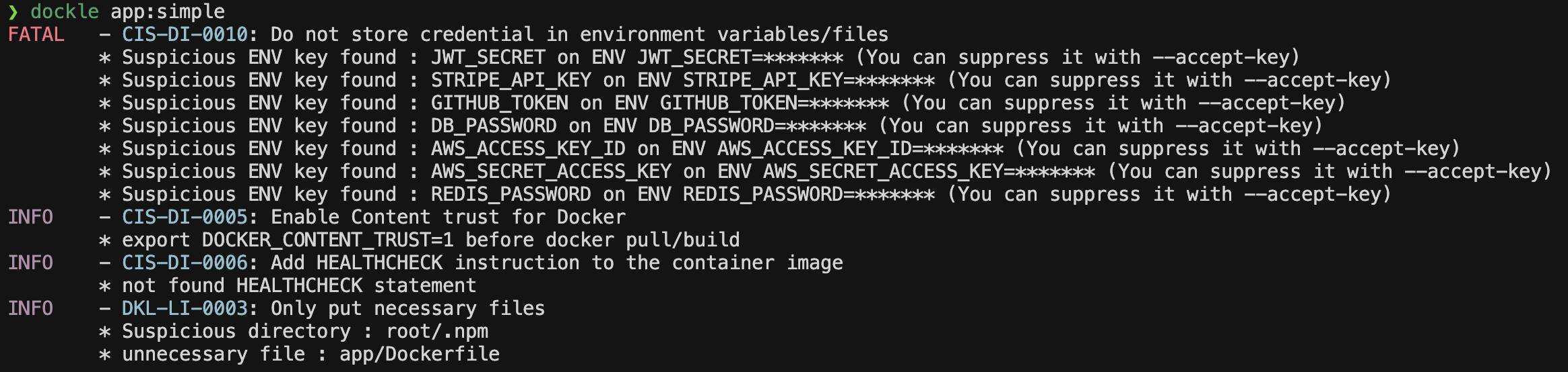 Resultado do Dockle após ajustar para não-root