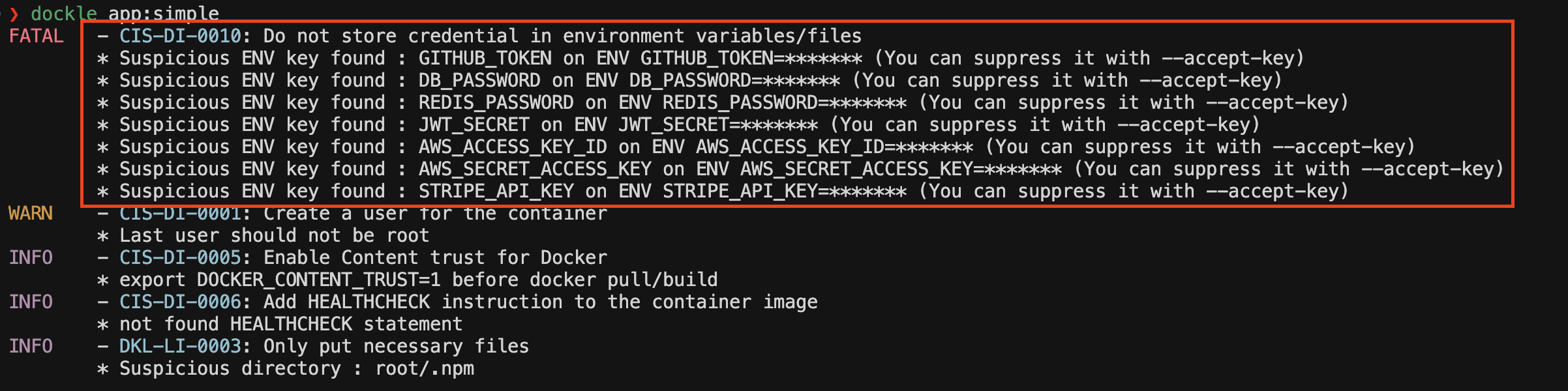 Resultado do scan do Dockle detectando possíveis credenciais em variáveis de ambiente