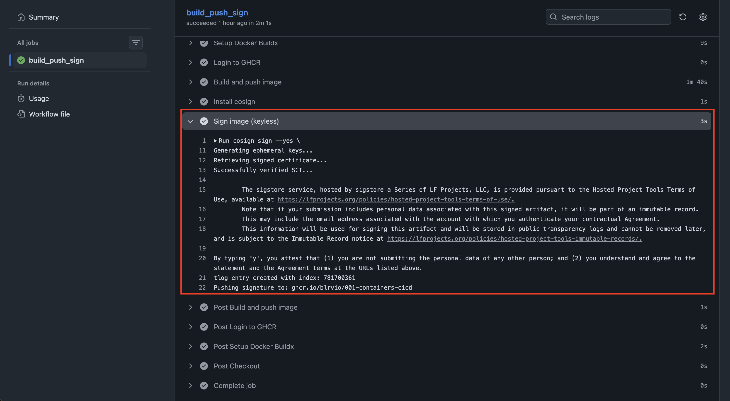 print github actions workflow running and signing