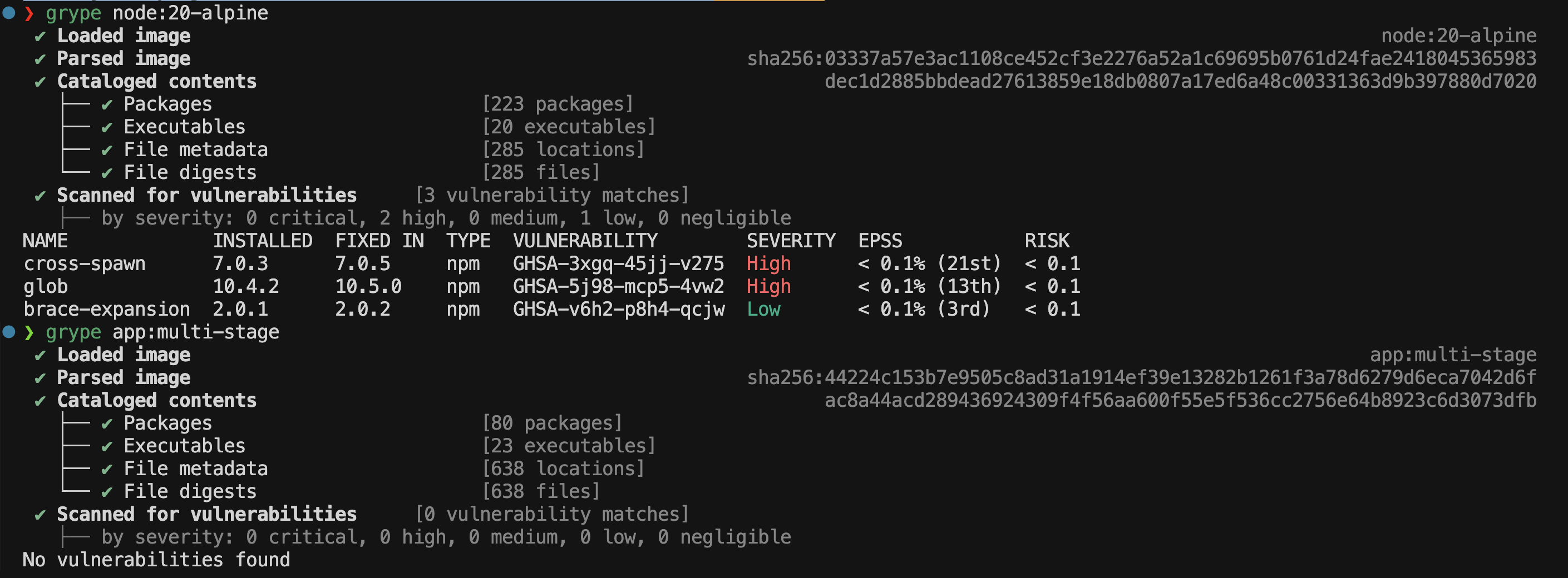 Resultado do scan do Grype mostrando duas imagens Node: a primeira vinda diretamente do registry oficial e a segunda construída a partir da imagem base, demonstrando que não há vulnerabilidades detectadas
