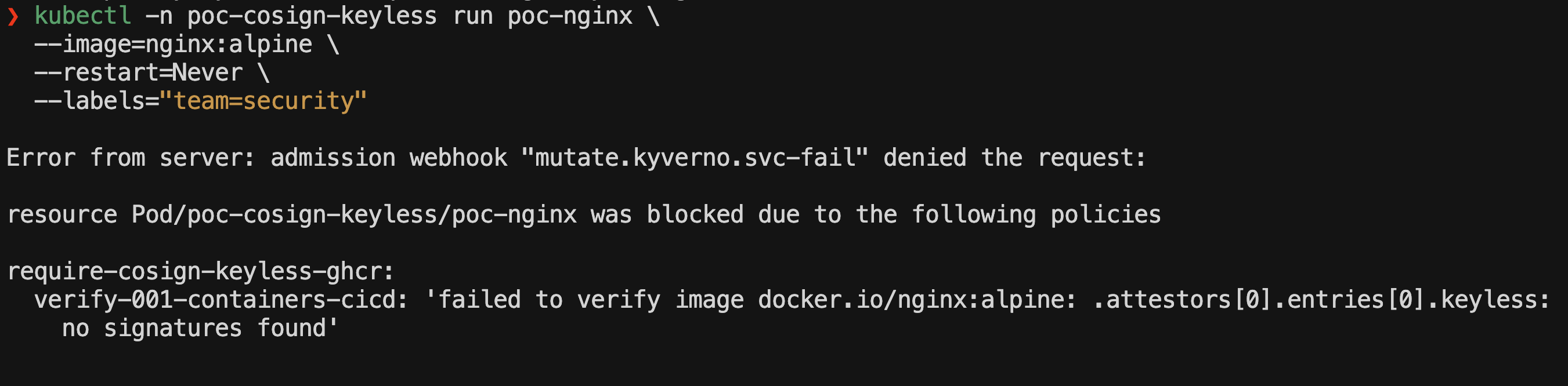 Kyverno bloqueando Pod com imagem não assinada